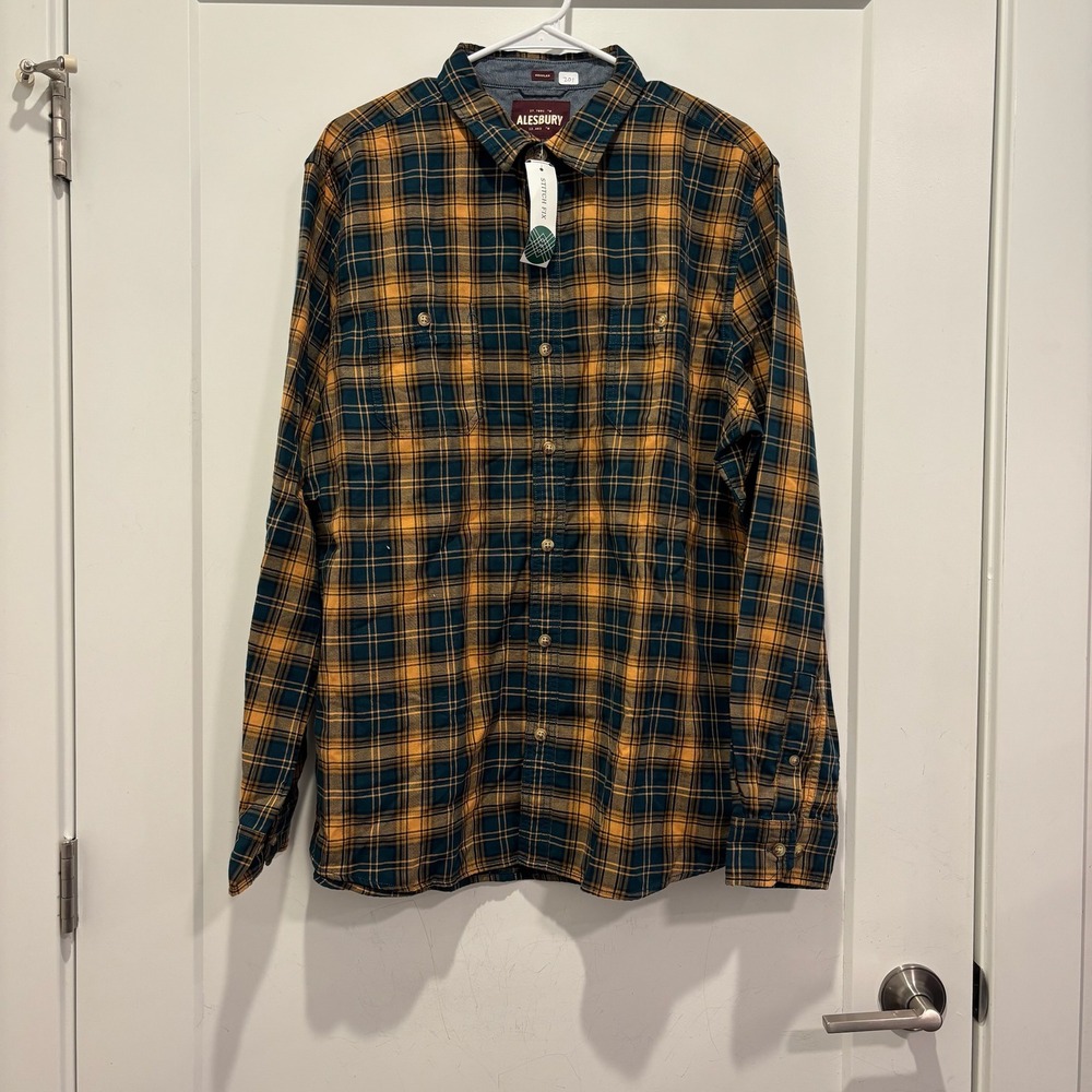 Alesbury Mens Large Tall Plaid Button Down Shirt Teal Yellow Long Sleeve NWT
